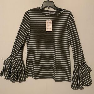 Crew & King Gray Stripe Ruffle-Sleeve Blouse